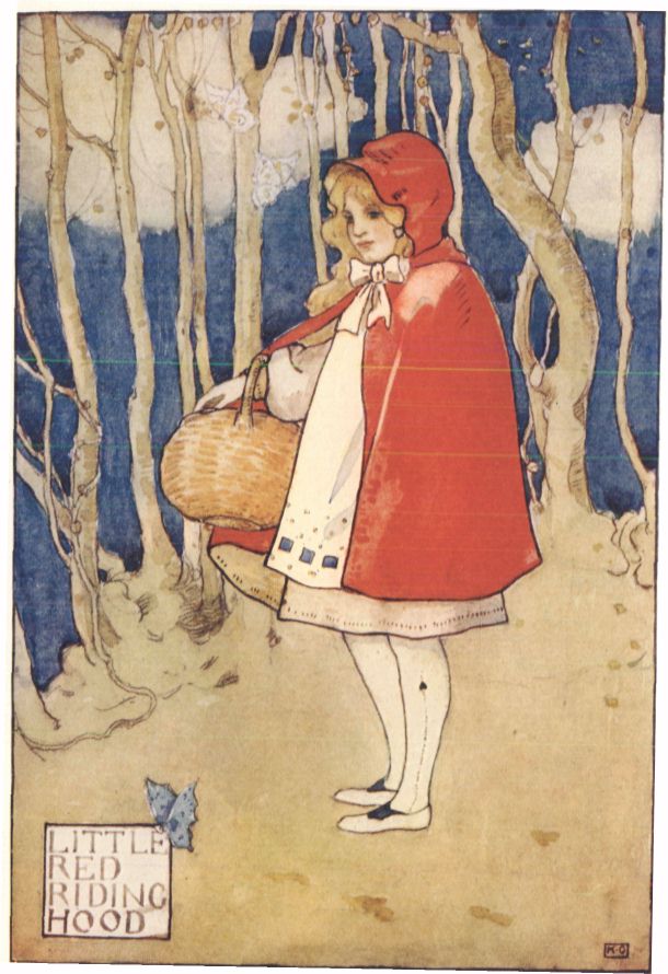 Little Red Riding Hood original book cover with a drawing of a girl in a red hood holding a basket