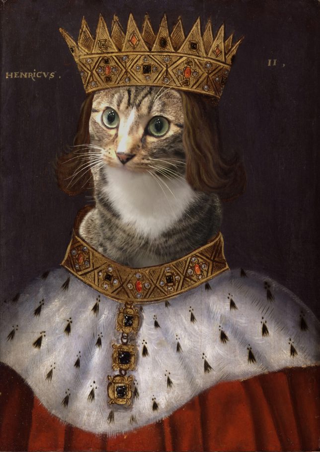 Painting of a King with a golden crown and golden necklace, except the King's face is replaced by that of a tabby cat. The robe is further down the cat's legs than in the first version of this image above.